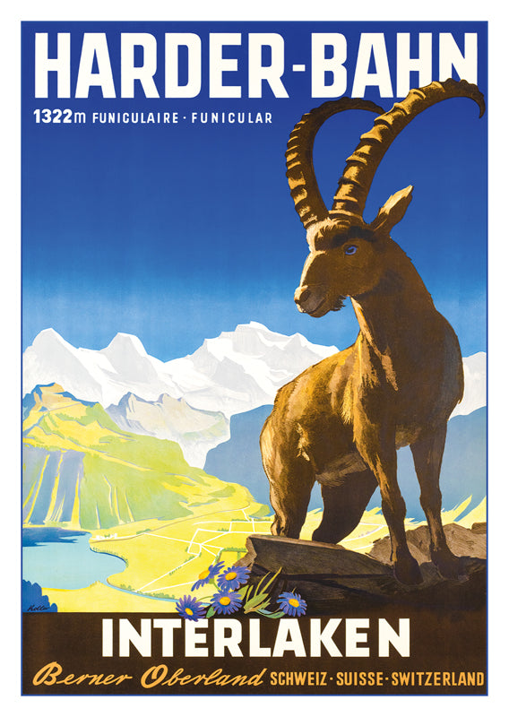 INTERLAKEN - HARDER-BAHN - Poster by Louis Koller - 1946
Retro postcard made from a magnificent original poster from the GALERIE 123 collection