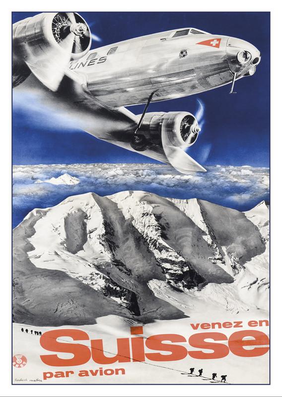 SWISSAIR - VENEZ EN SUISSE PAR AVION - Poster by Herbert Matter - 1935